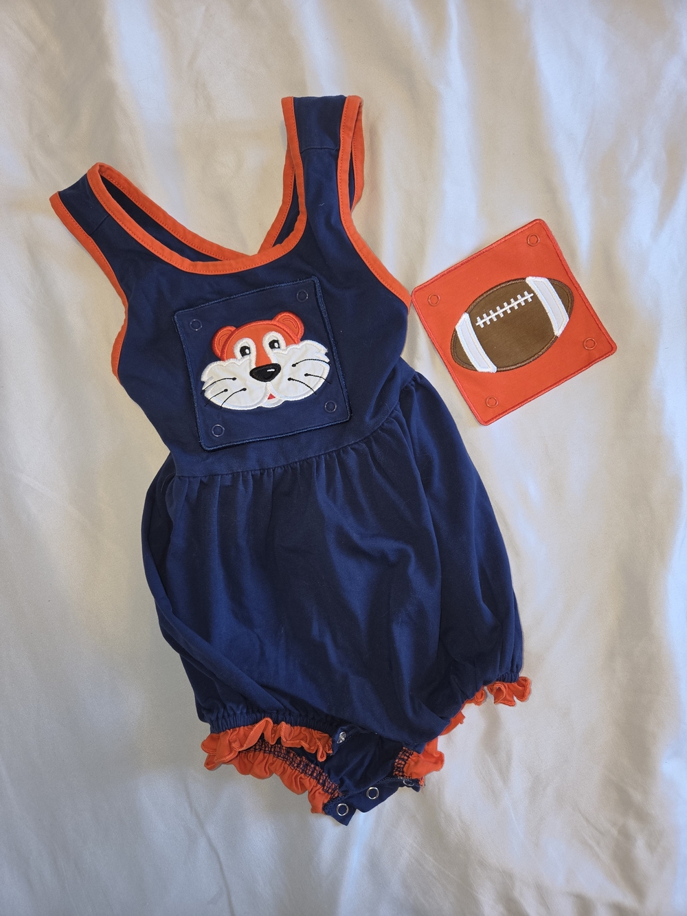 Navy & Orange Baby Romper with Aubie Face
